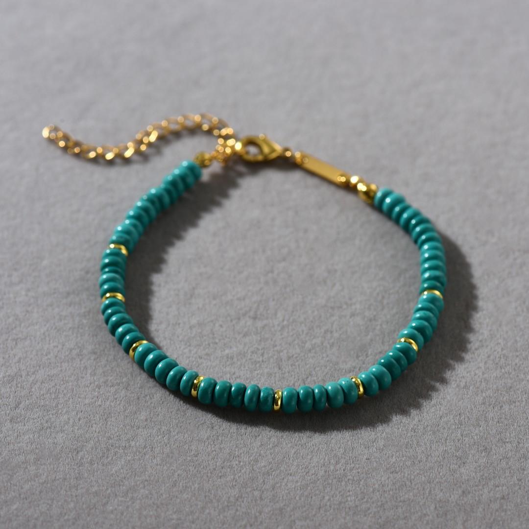 Bohemian Personality Handmade Green Beaded Premium Metal Copper Plated 18K Real Gold Bracelet