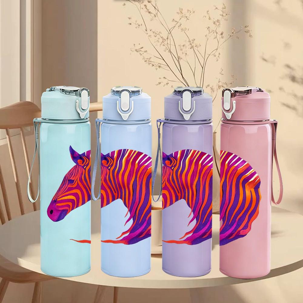 1PC Rainbow Zebra Horse Head Art 750ml Color Plastic Sports Water Bottle Leakproof Flip Straw Lid Suitable for Sports Office Home Use