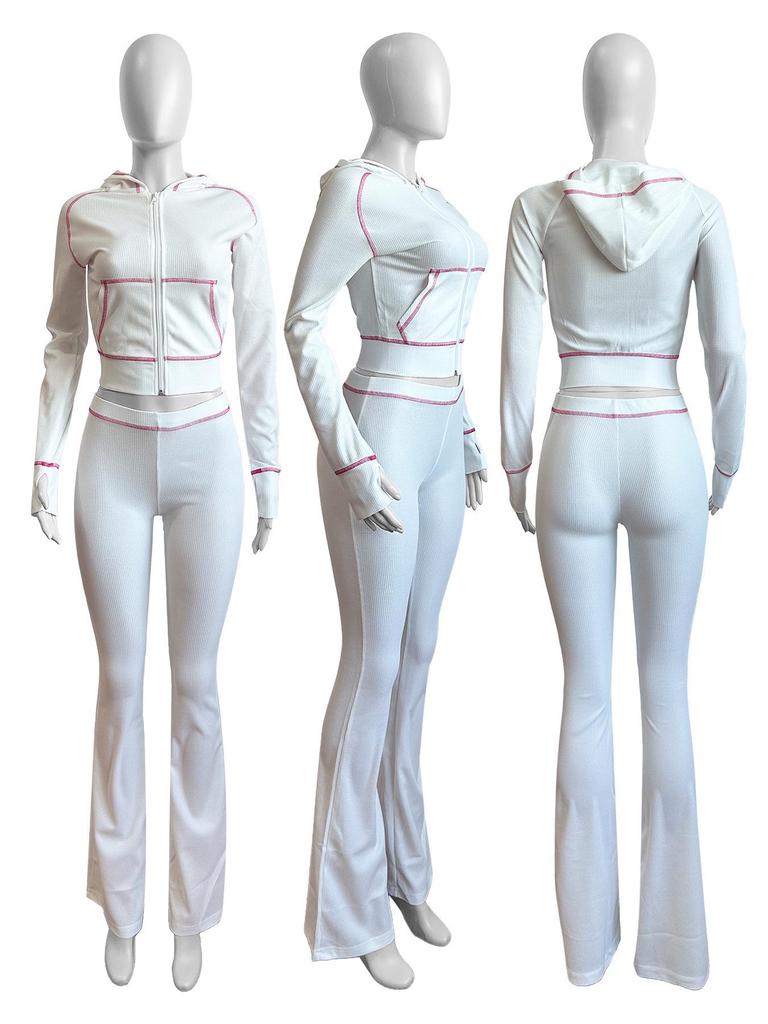 HR24058 Women's Hooded Waffle Texture Raglan Sleeve Flared Casual Set