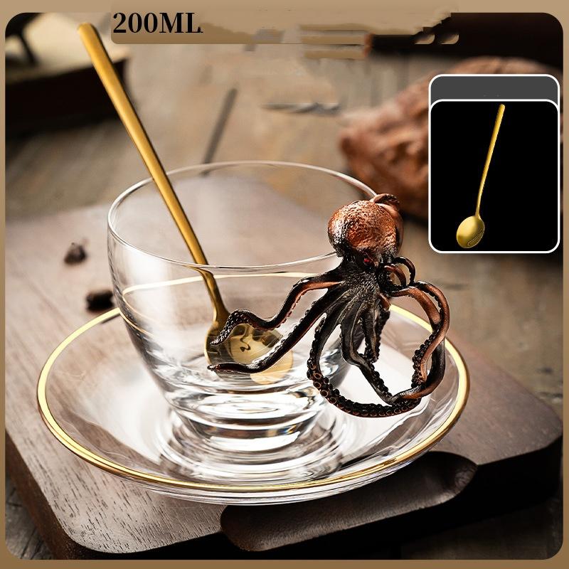Creative Octopus Handle Coffee Mug With Saucer And Spoon Glass Cup Teacup and Saucer Set 200ml красный
