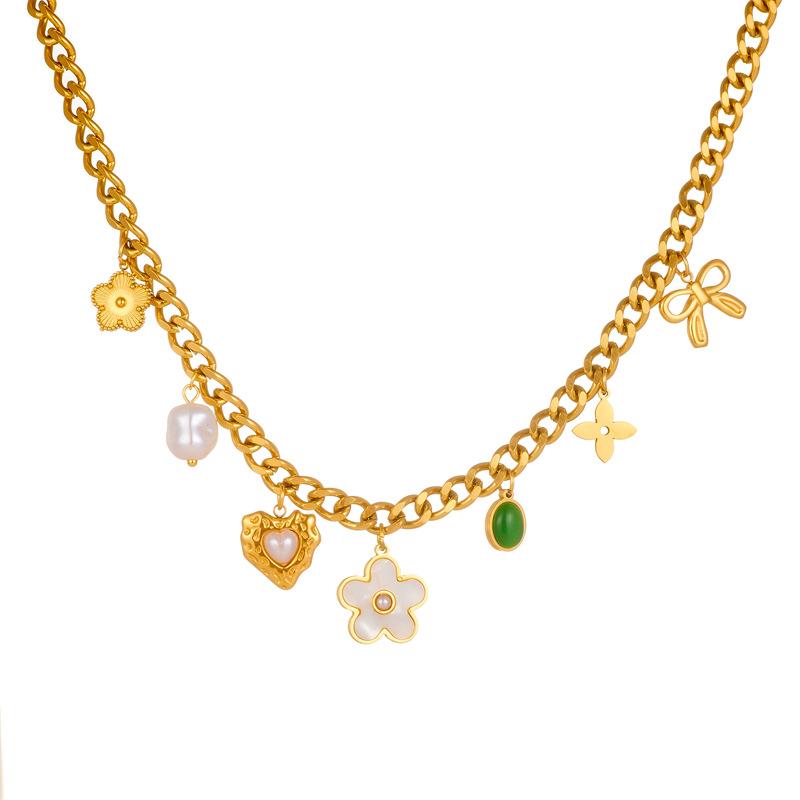 Gold Cuban Chain Charm Necklace, Pearl Flower Bow Pendant Necklace, Boho Chunky Jewelry for Women Daily Wear Gift