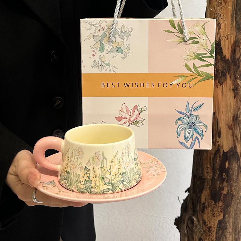 Luxury Unique Ceramic Coffee Mug - Oil Painting Clover Windbell Flower, Elegant Cup Saucer Gift for Women Elegant Ceramic Mug