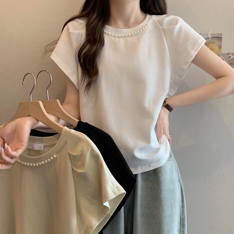 Plus Size Beaded Puff Sleeve Top - Versatile Slimming Summer Short Sleeve T-Shirt