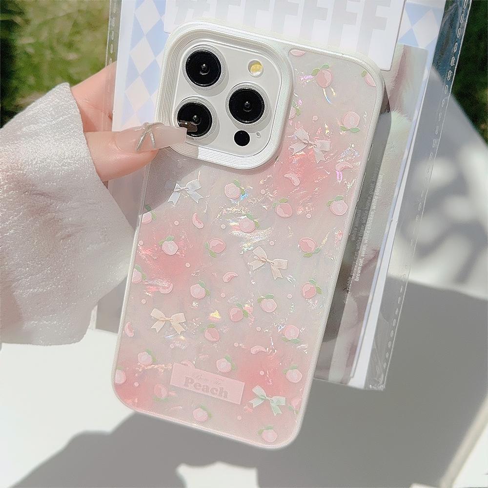 Luxusní Pearl White Shell Pattern kryt na telefon pro iPhone 15 14 13 12 11 Pro Max Plus Peach Pink Knot Bumper Cover
