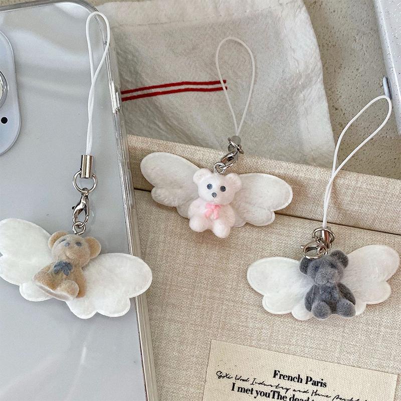 Cartoon Flocking Cat Pendant Keychain Y2K Butterfly Wings Key Ring For Women Girls Cute Camera Bag Pendant Decoration Gifts