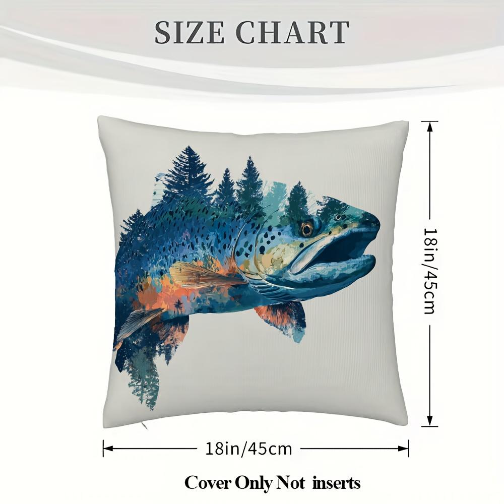 1Pc Short Plush Decorative Pillowcase, Trout Print Single-Sided, 18X 18 Inches For Sofa, Living Room Bedroom Office Home Dcor (