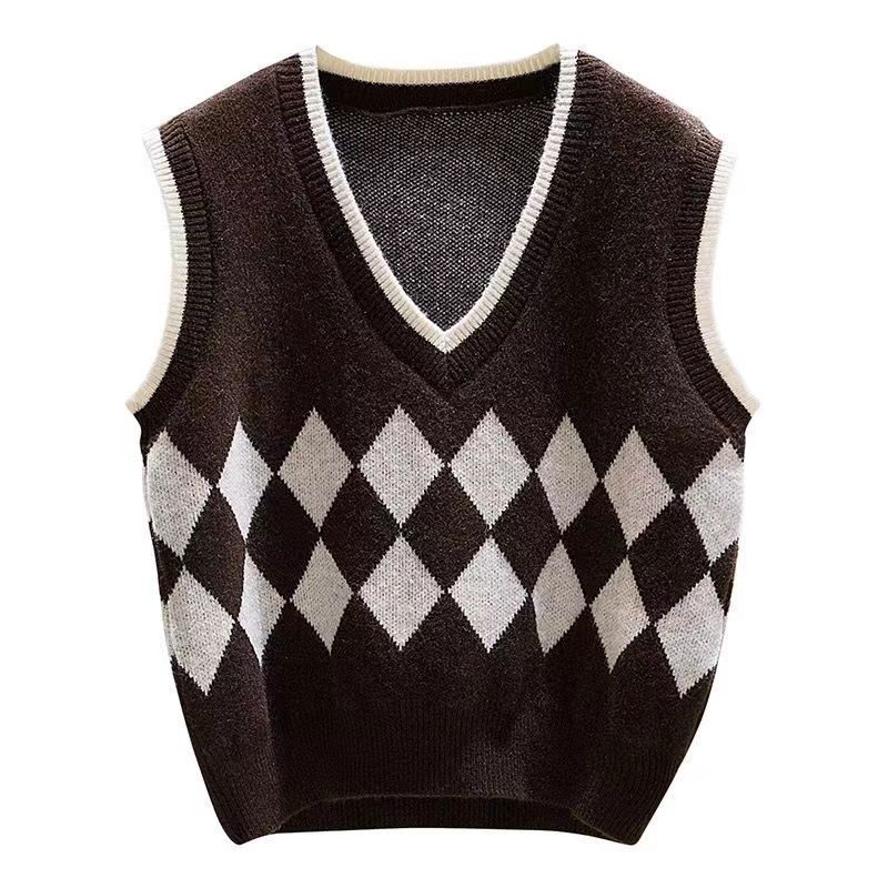 Rhombus Knitted Sweater Women's Short Vest Spring and Autumn Korean Version Pullover Outer Wear College Style Fashion Vest Vest