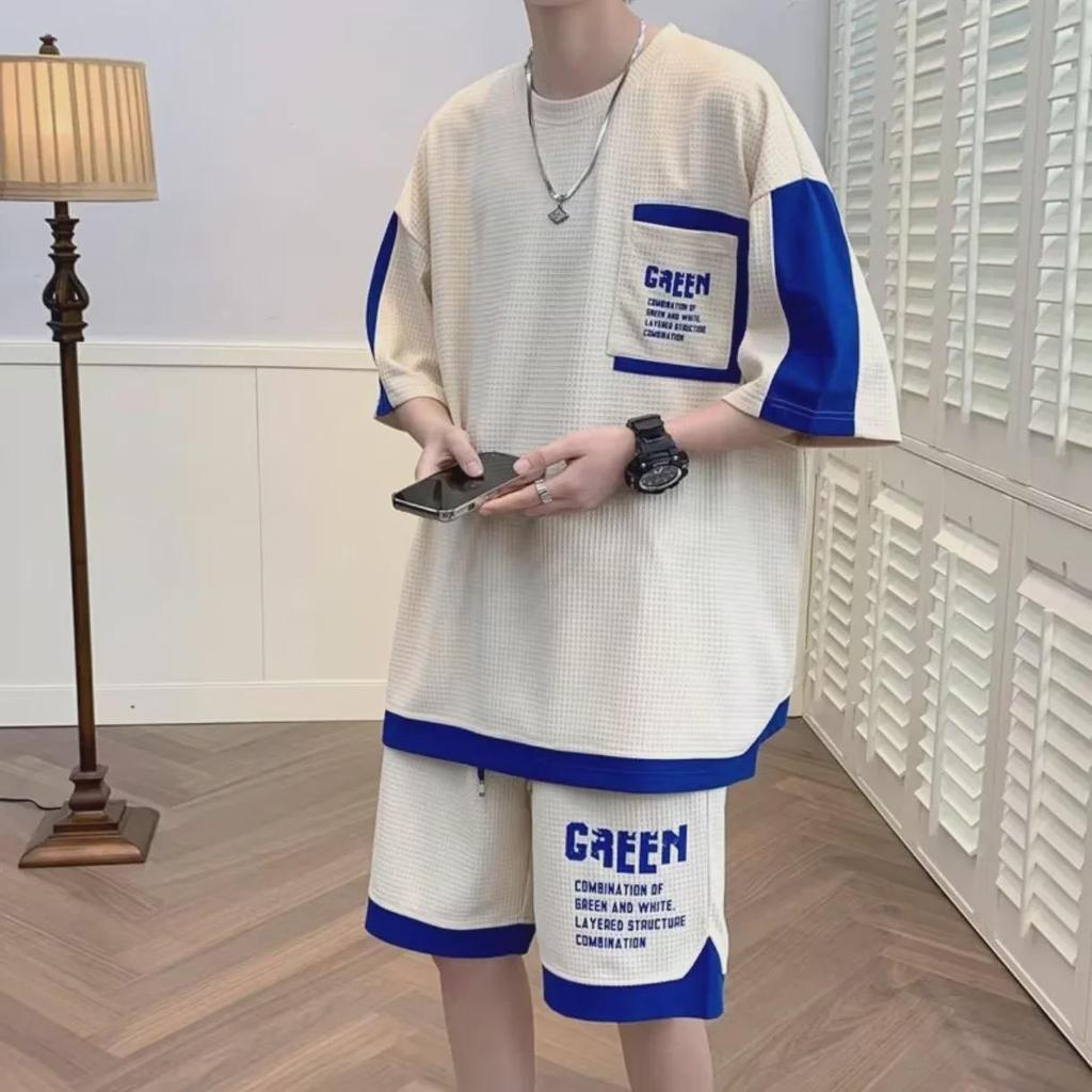 Trendy Korean Hip-Hop Men's Summer Waffle Print Five-Point Sleeve Top