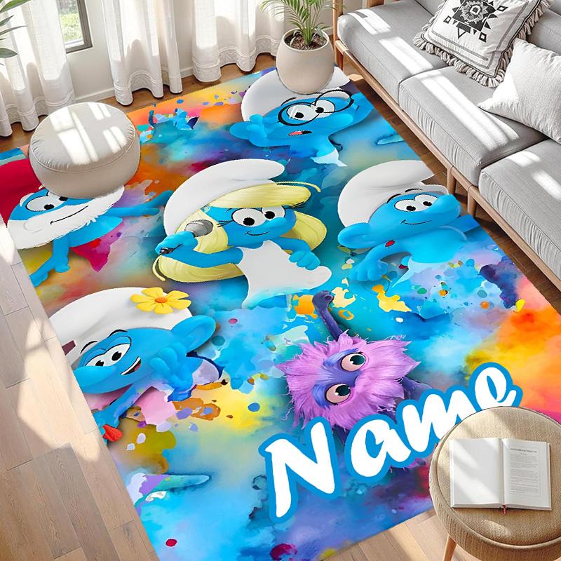 Custom Name Personalized Blue Smurfs Print Carpet, Versatile Home Decor Rug, for Playroom, Apartment, Balcony, Entryway, Hallway Gift