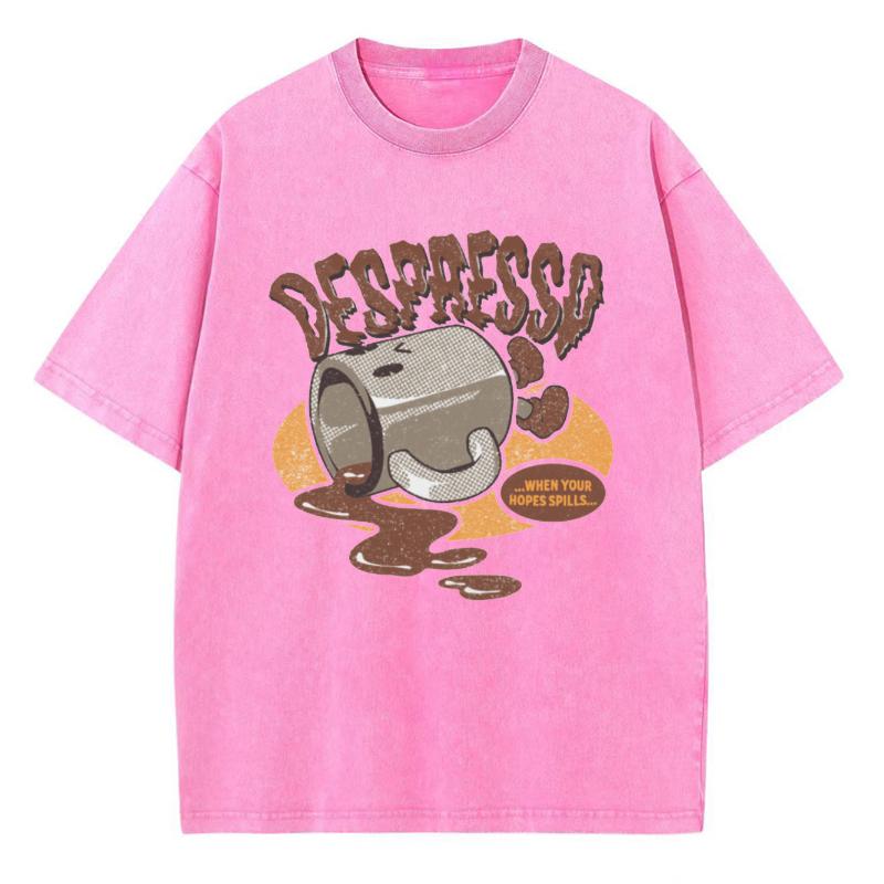 Casual Style Cartoon Coffee Cup Print Women T-Shirt Loose Wash Popular Short Sleeve Unisex Cute Distressed Top Men