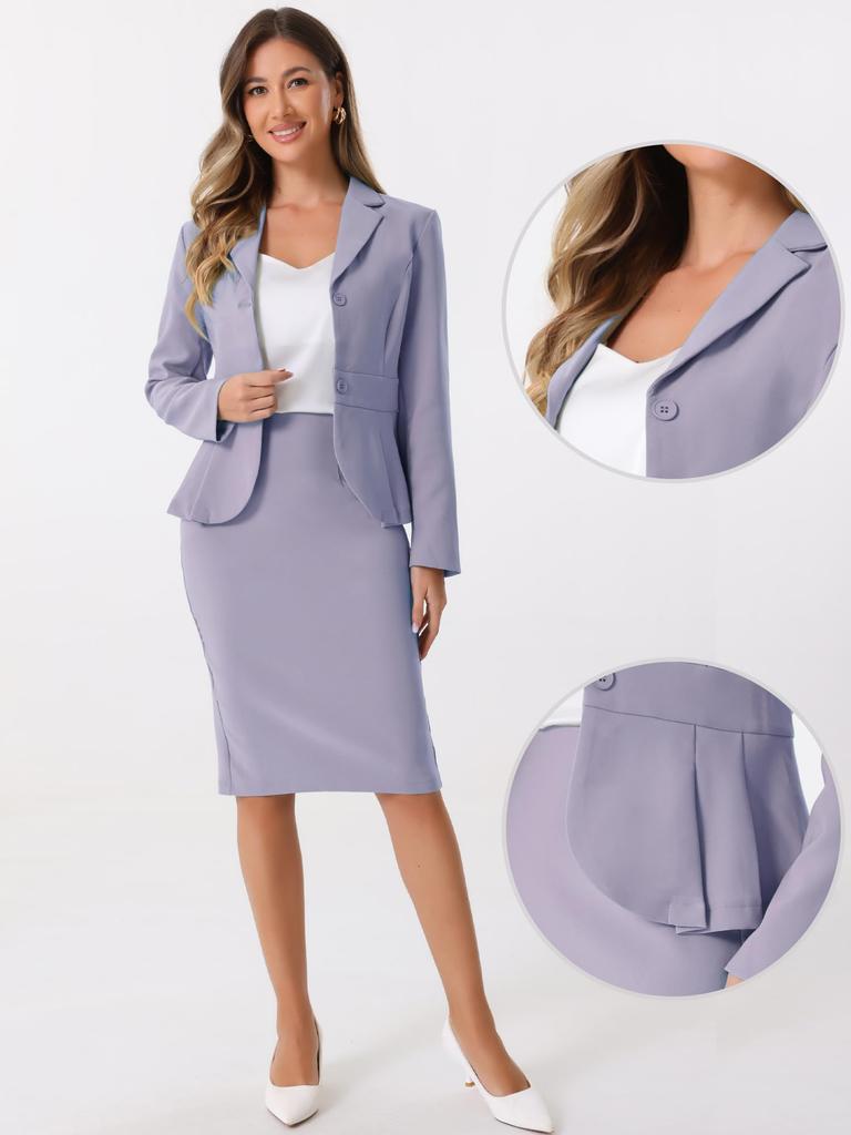 Allegra K Women's Business Two-Piece Blazer and Pencil Skirt Set with Long Sleeves, Notch Lapel, and Peplum, Gray-Purple, Size L