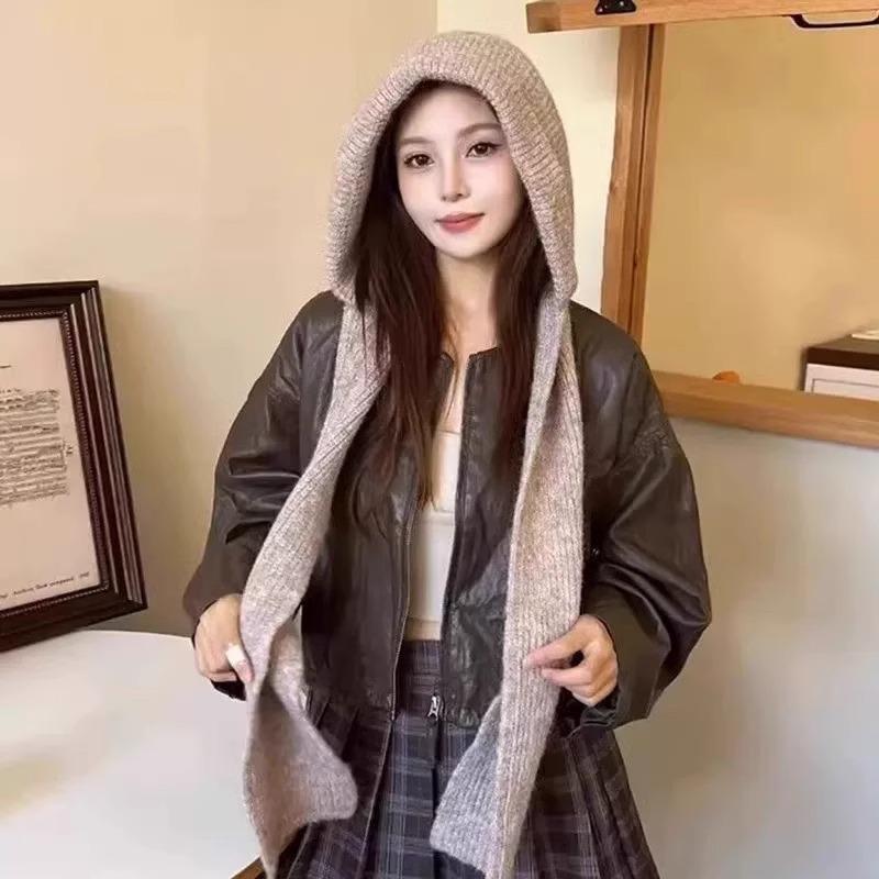 New Winter Thickened Korean Hat Scarf Shawl Integrated Women's Warm Solid Color Fashionable and Versatile Knitted Scarf