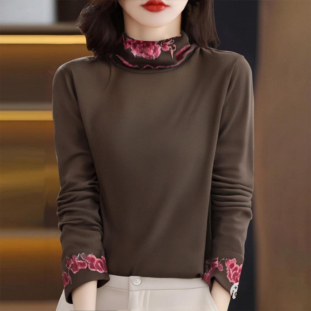 Women's Fashionable Literary Ethnic Deung Embroidery Retro High-Neck Inner Layer Embroidered Long-Sleeved Top