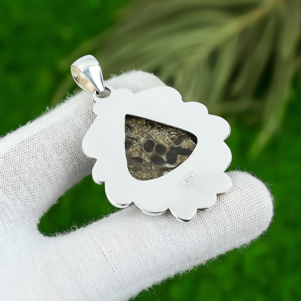 Sterling Silver Pear Turritella Agate Stone Mother Unique Bezel Pendant Jewelry