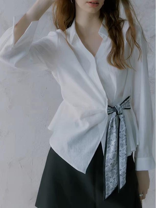 2026 Spring French Design Women's Long Sleeve Tie-Up Commuter Shirt - High-End White Top