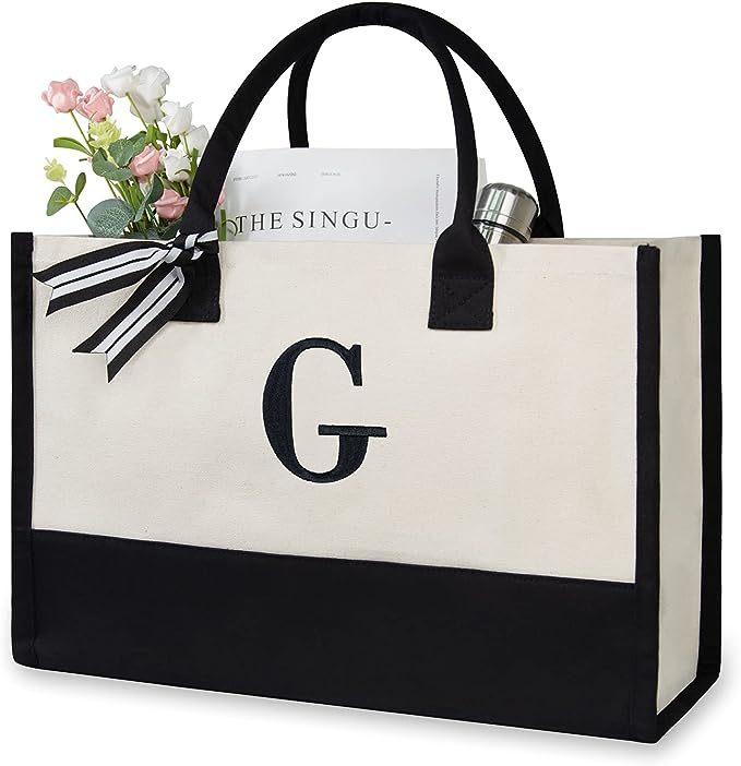 A-Z Letter Canvas Tote Bag Women Large Capacity Shoulder Handbag Contrast Color Thick Fabric Reusable Shopping Bag