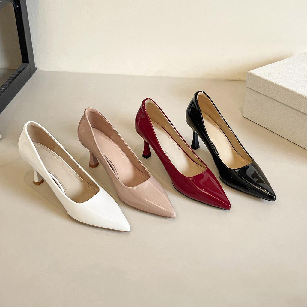 Nude high heels women's autumn patent leather waterproof table sexy temperament commuting single shoes dress pointed