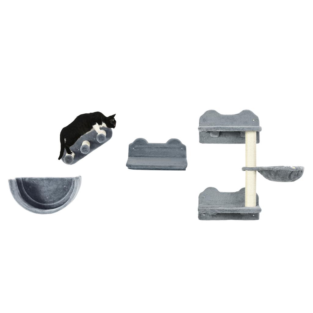 4PCs Wall-Mounted Cat Shelves w/ Scratching Post, Hammock, Nest - Grey
