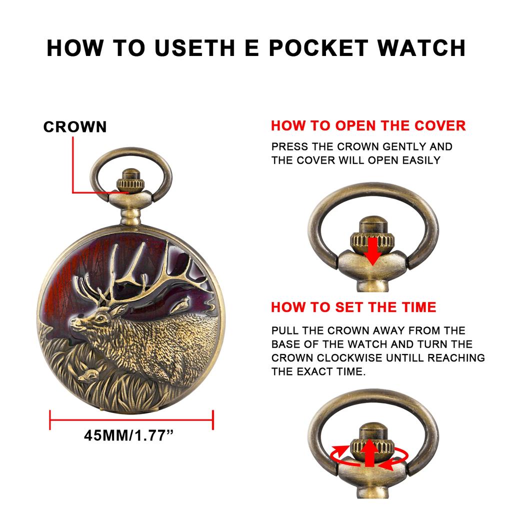 10pcs/lot Casual Vintage Pocket Watch Elk Carved Men's Women Necklace Pendant Clock Steampunk Gifts Reloj De Bolsillo
