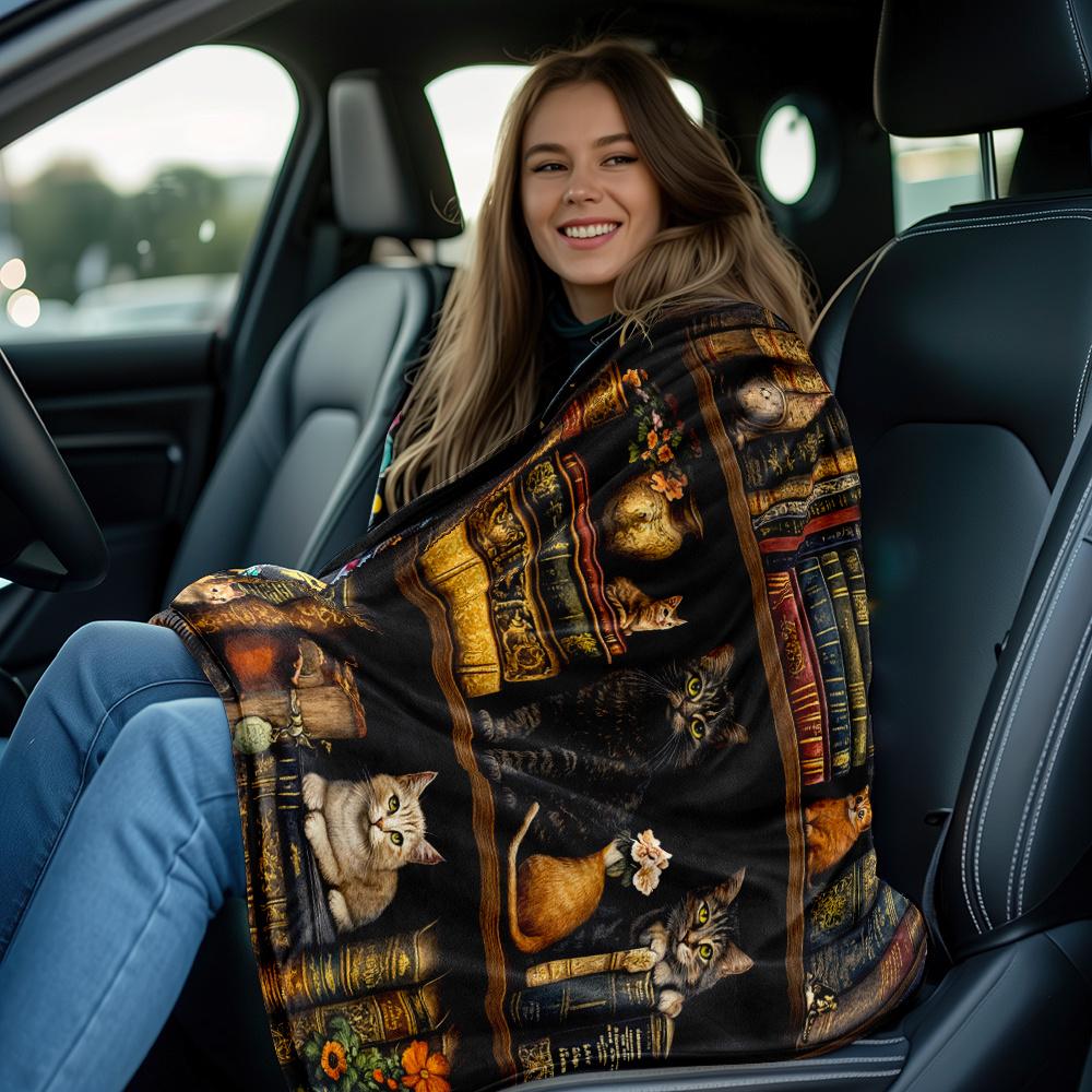 Cat & Book Lover's Flannel Blanket - Soft Digital Print, Lightweight for Sofa/Bed/Travel, All-Season Machine Washable