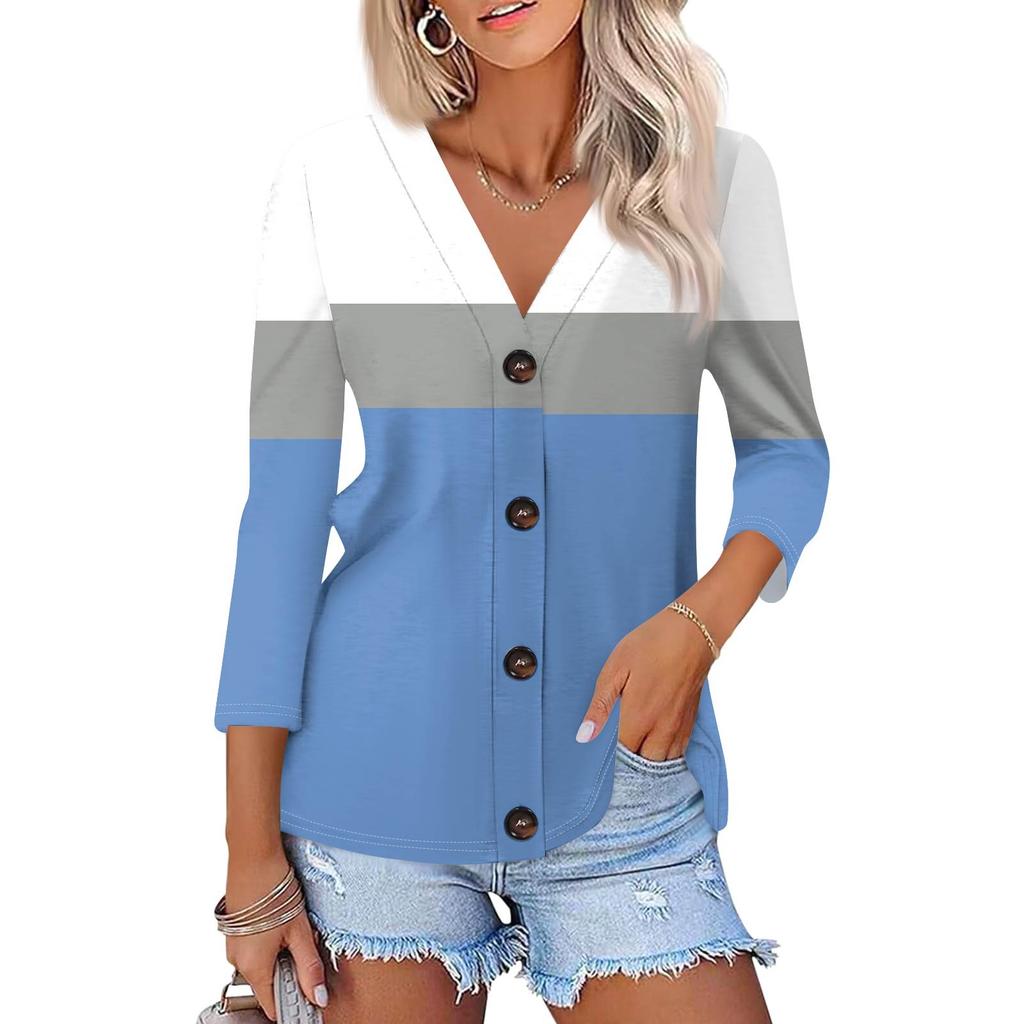 Moda Feminina Casual Camisa Listrada com Estampa Geométrica Abotoada Top Cardigan de Manga Três Quartos