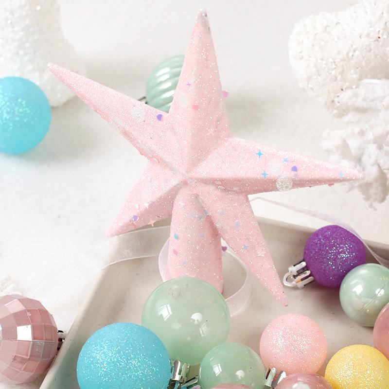 Macaron-Colored Christmas Tree Ornament Set: Painted Ball, Star, and Tree Topper Decorations