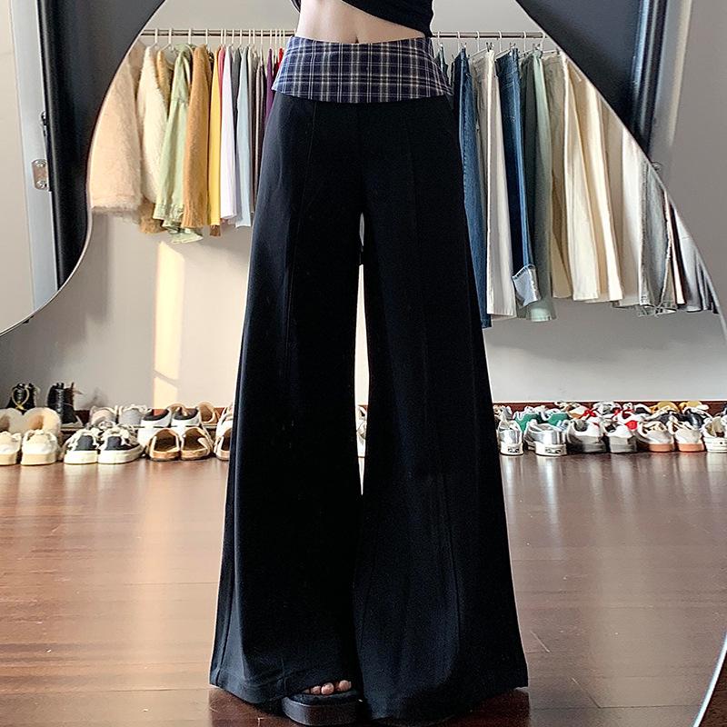Women's High-Waisted Black Plaid Wide-Leg Patchwork Pants - Autumn 2025 Collection