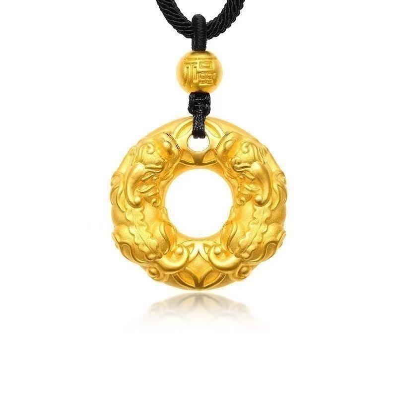 Pixiu Golden Peace Buckle Pendant Necklace with Black Lanyard for Men and Women