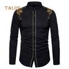 TALOS Men Clothing Embroidery Flower Button Stand Collar Long Sleeve Shirt Blouse Top