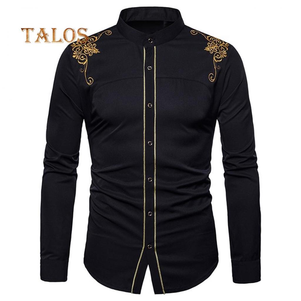 TALOS Men Clothing Embroidery Flower Button Stand Collar Long Sleeve Shirt Blouse Top