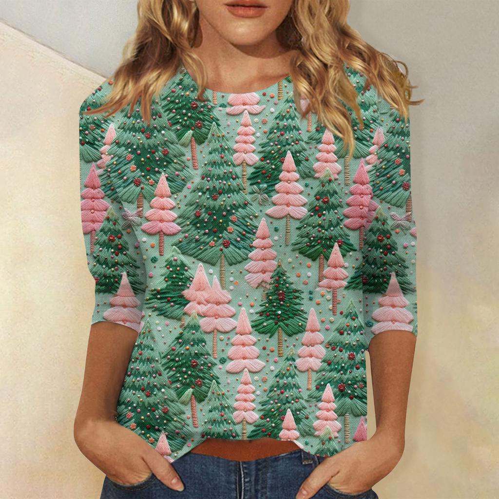Women's Fashionable Casual Three-Quarter Sleeve Christmas Print Round Neck Top