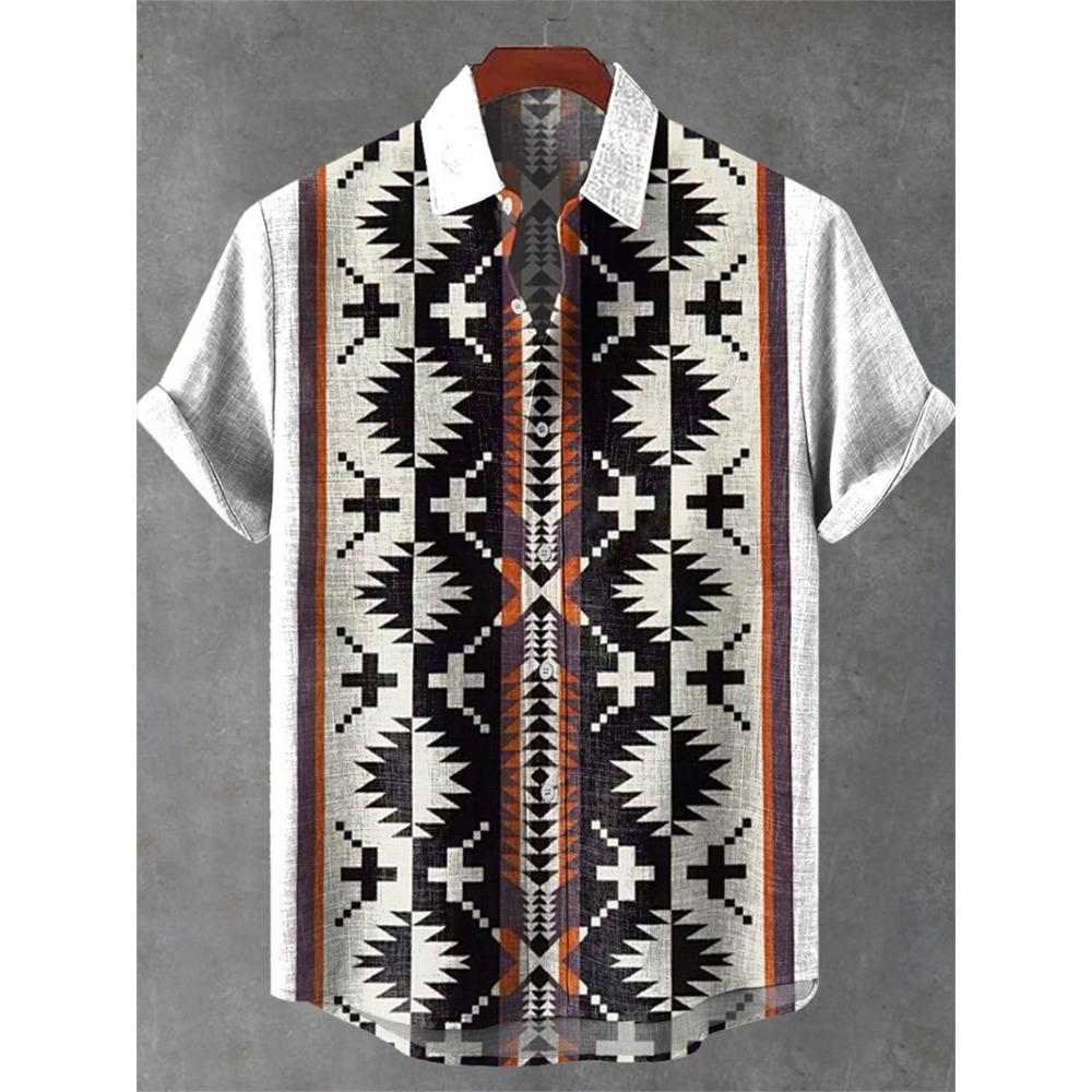 Nuova Camicia da Uomo a Maniche Corte Stile Etnico Vintage Stampa Artistica di Pavone Geometrica 3D Camicia Casual in Lino