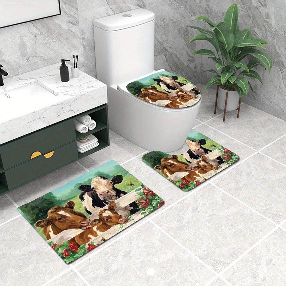 3pcs Farm Animal Cow Bathroom Rug Set Non-Slip U-Shaped Mat and Toilet Lid Cover Pastoral Theme Washable Indoor Floor Mats