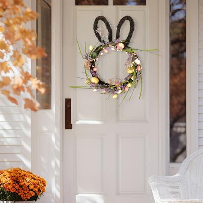 Easter Bunny Wreath Small Bunny Shape Rattan Wreath with Pastel Eggs Flowers for Front Door Indoor Outdoor Spring Home Window Wall Decor