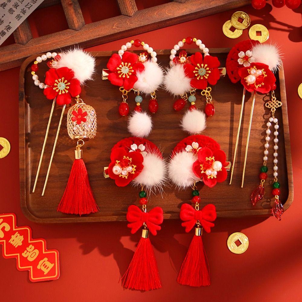 Red Hanfu Hair Stick Tassel Flower Hair Comb Chinese Style Hairpin Set  Girl Hair Accessories