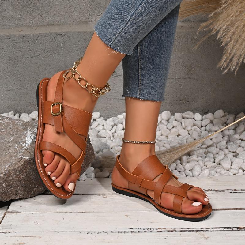 Mode Neuer Stil Damen Sandalen Damen Flache Absätze Zehensteg Lässige Römersandalen Sommer Knöchelriemchen mit Schnalle Weibliche Strandschuhe