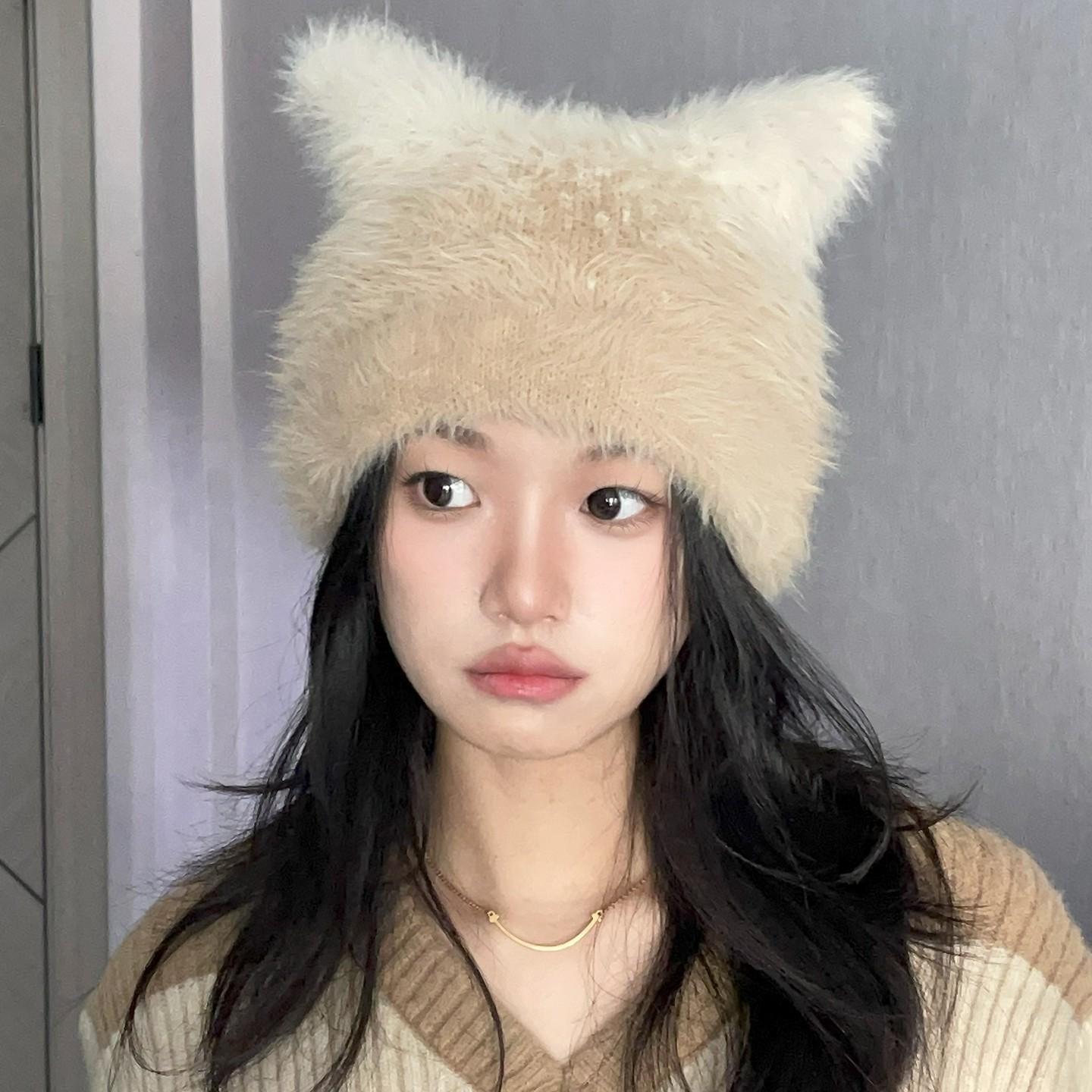 2025 season new Korean version gradual change color mixing cute cat ear knitted hat children plush versatile wool hat