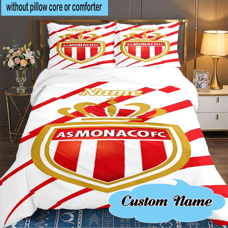 Custom Name Monaco Football Crest Bedding Set 3pcs, Bedding Set Including 1pc Duvet Cover And 2pcs Pillowcases for Bedroom, Dormitory Gift