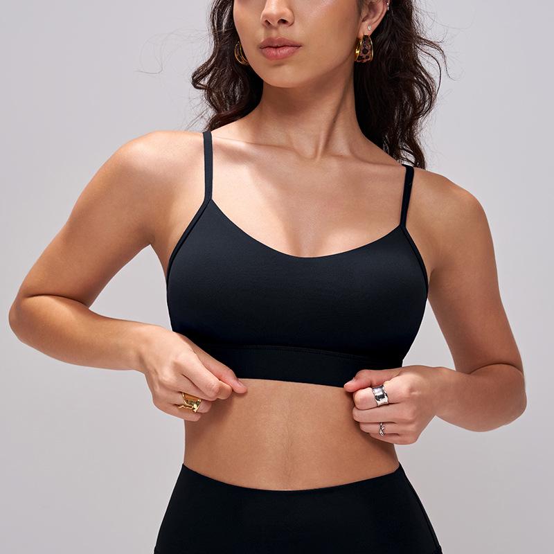 

High-End Nylon Lycra Yoga Tank Top with Chest Pads, Thin Straps, and Beautiful Back Style - Women s Fitness Sports Bra L