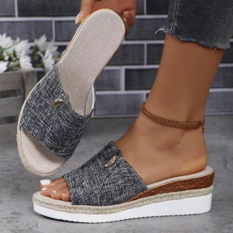 Women Canvas Wedge Slippers 2025 Summer New Fashion Elegant Peep Toe Platform Shoes Large Size Ladies Sandals Zapatos De Mujer