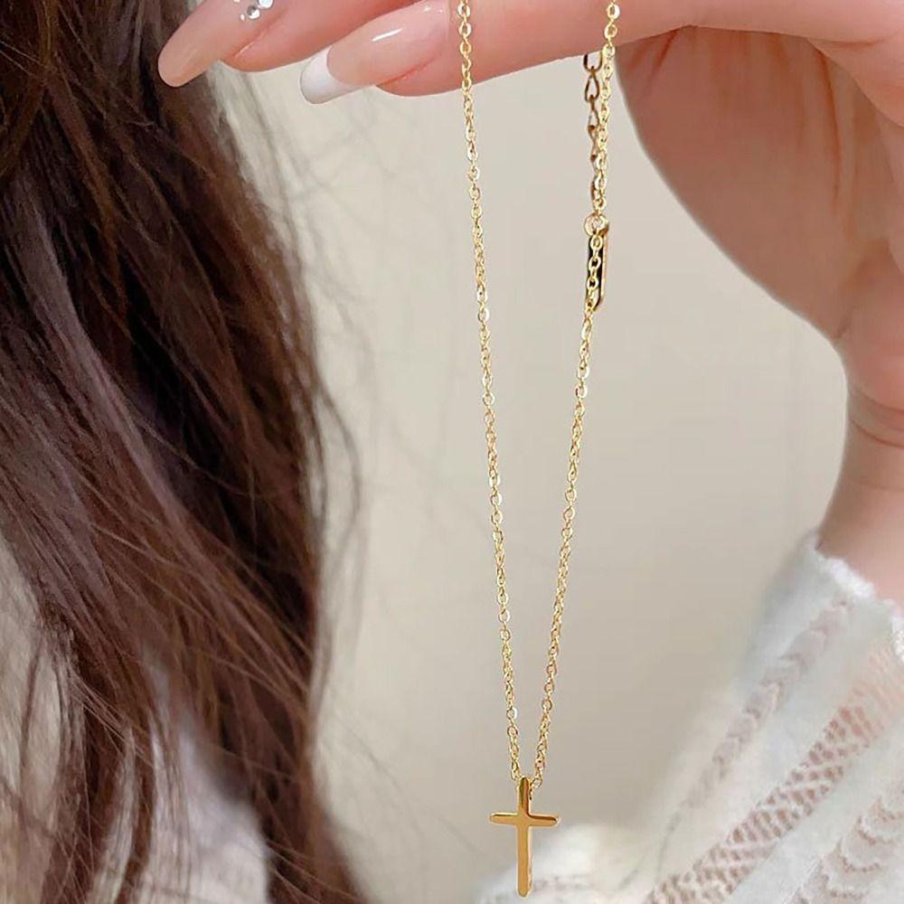 Non-Fading Cross Pendant Adjustable Chain Titanium Steel Necklace Neck Accessory INS Style Clavicle Necklace Valentines Gift