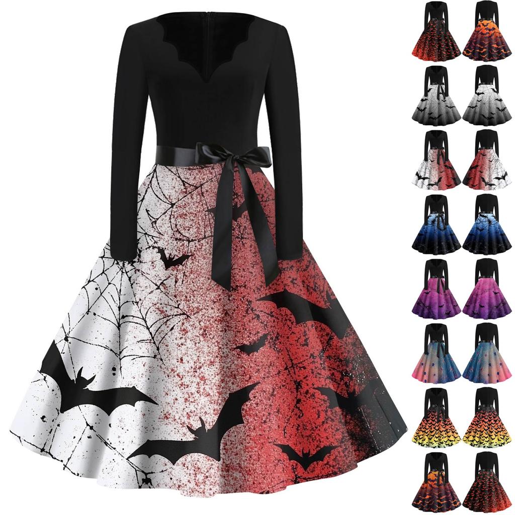 Women's Fashion V-Neck Casual Slim Fit Halloween Printed Long Sleeve Dress