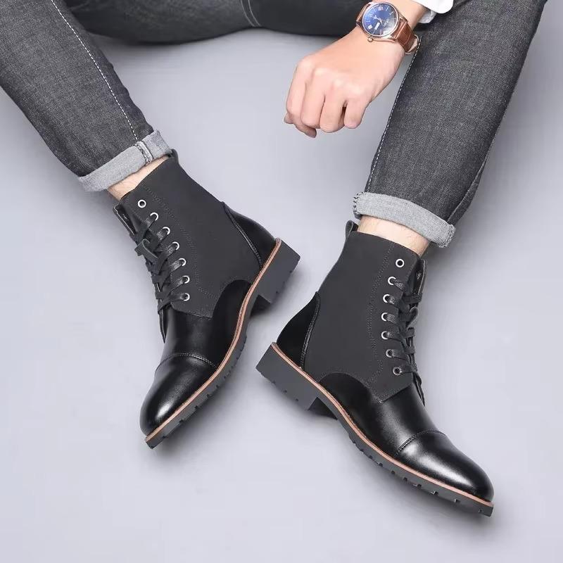 New Designer Fashion Casual Boots for Men Big Size Solid Color Lace Autumn Winter Ankle Boots Male Designer Leather Shoes Male