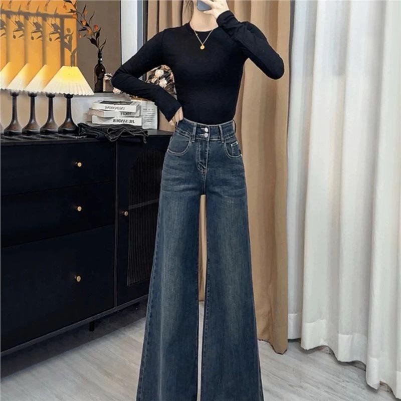 Jeans a Zampa Larga Vita Alta Retro da Donna Petite, Vestibilità Larga, Snellente, Lunghezza Pavimento, Stile Inverno 2025