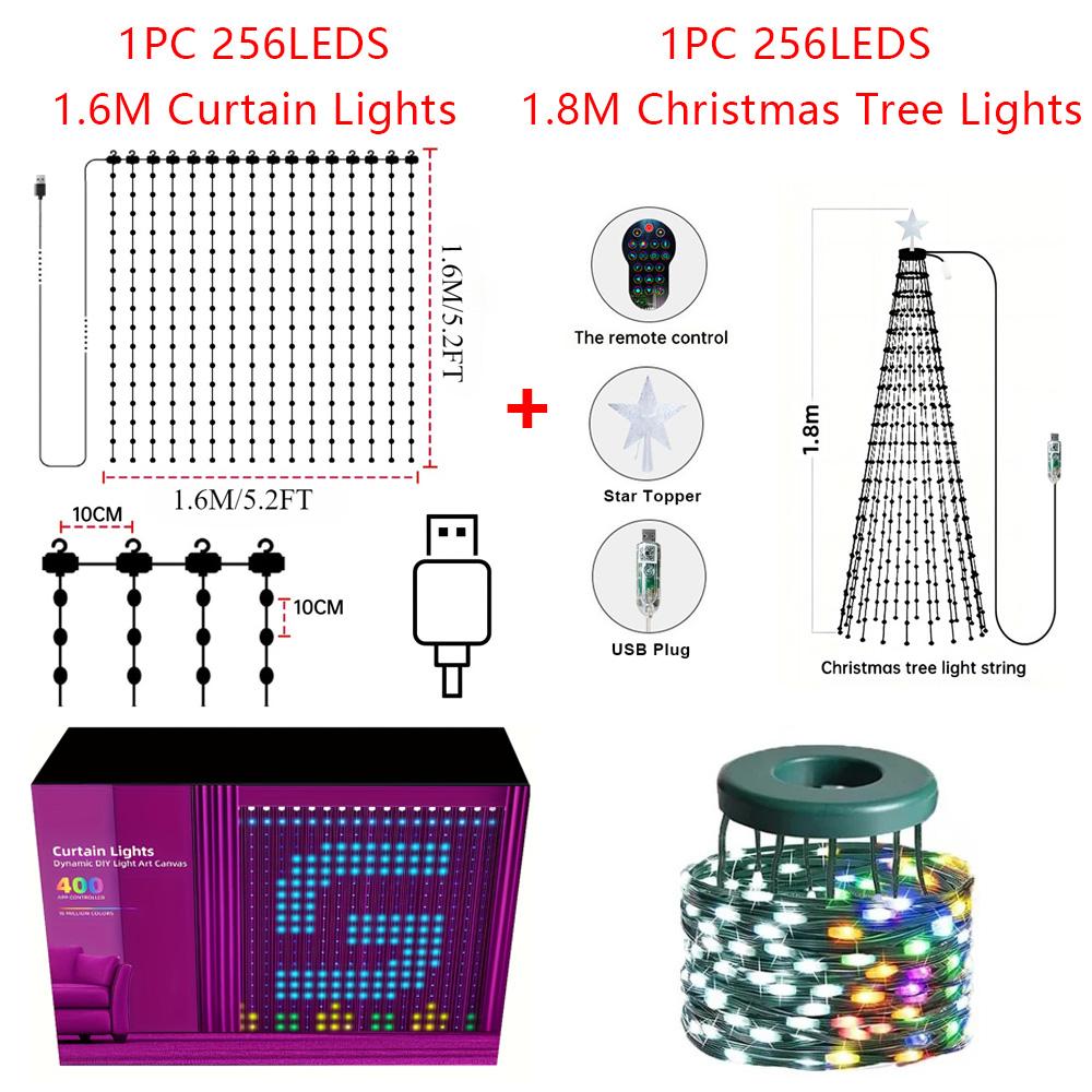 

256/400 LEDs Smart Curtain Lights Christmas Tree Lights Combo APP Control Music Sync RGB DIY Pattern Timer for Home Party Decor USB&Yes