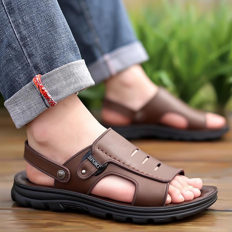 Sandals Men's Cowhide Summer Breathable Non-slip Soft-soled Beach Shoes Casual Men's Cool Slippers