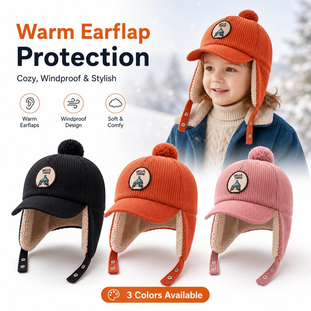 Faux Lamb Fleece Lining Children's Earflap Hat Solid Color Baby Warm Hat For Boys And Girls