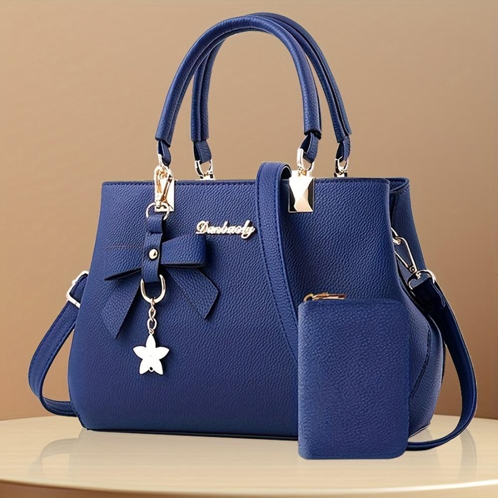 

Сумки с бантовым декором для женщин, модная сумка через плечо с кошельком для монет, сумка-портфель с верхней ручкой для офиса синий