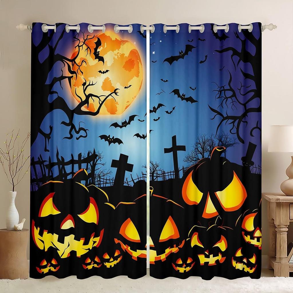 Happy Halloween Curtain Pumpkin Curtains Trick Treat Gothic Night Drapes Horror Cartoon Window Room Darkening Made Of Polyester