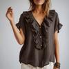 Womens Ruffle Trim Short Sleeve Button Front V Neck Blouse Lightweight Casual Top for Daily Wear
